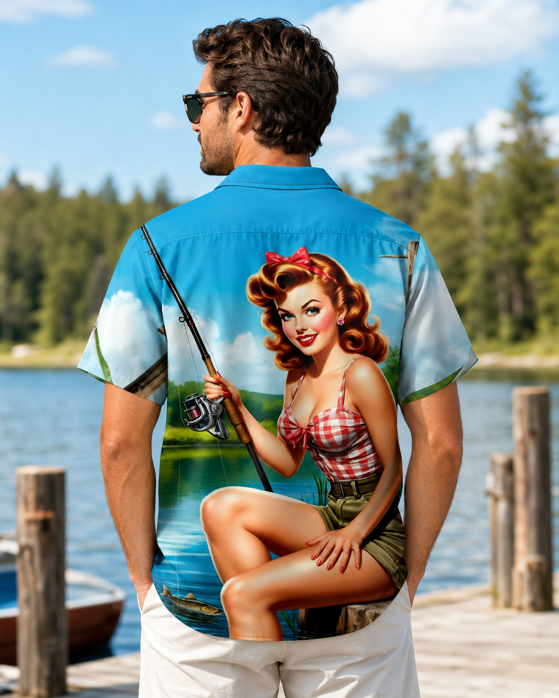 Retro Pin Up Girl Fishing Men's Hawaiian Button Shirt