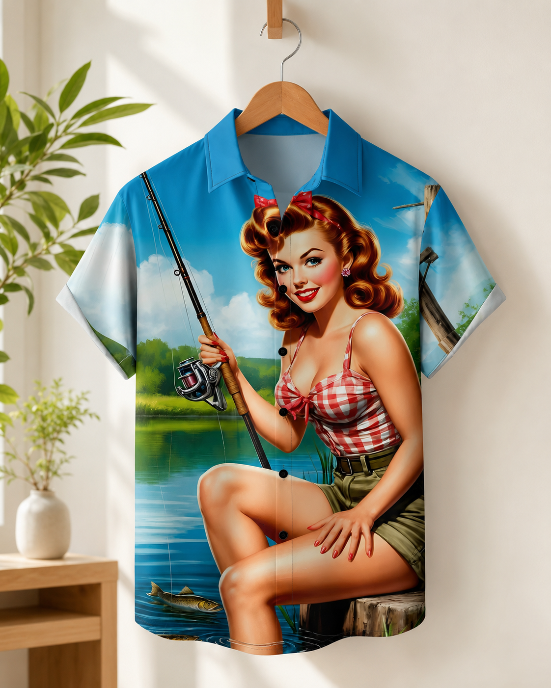 Retro Pin Up Girl Fishing Men's Hawaiian Button Shirt