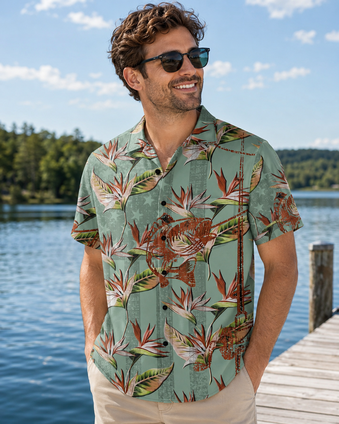 Tropical Flower Fish Skeleton Men's Hawaiian Fishing Shirt