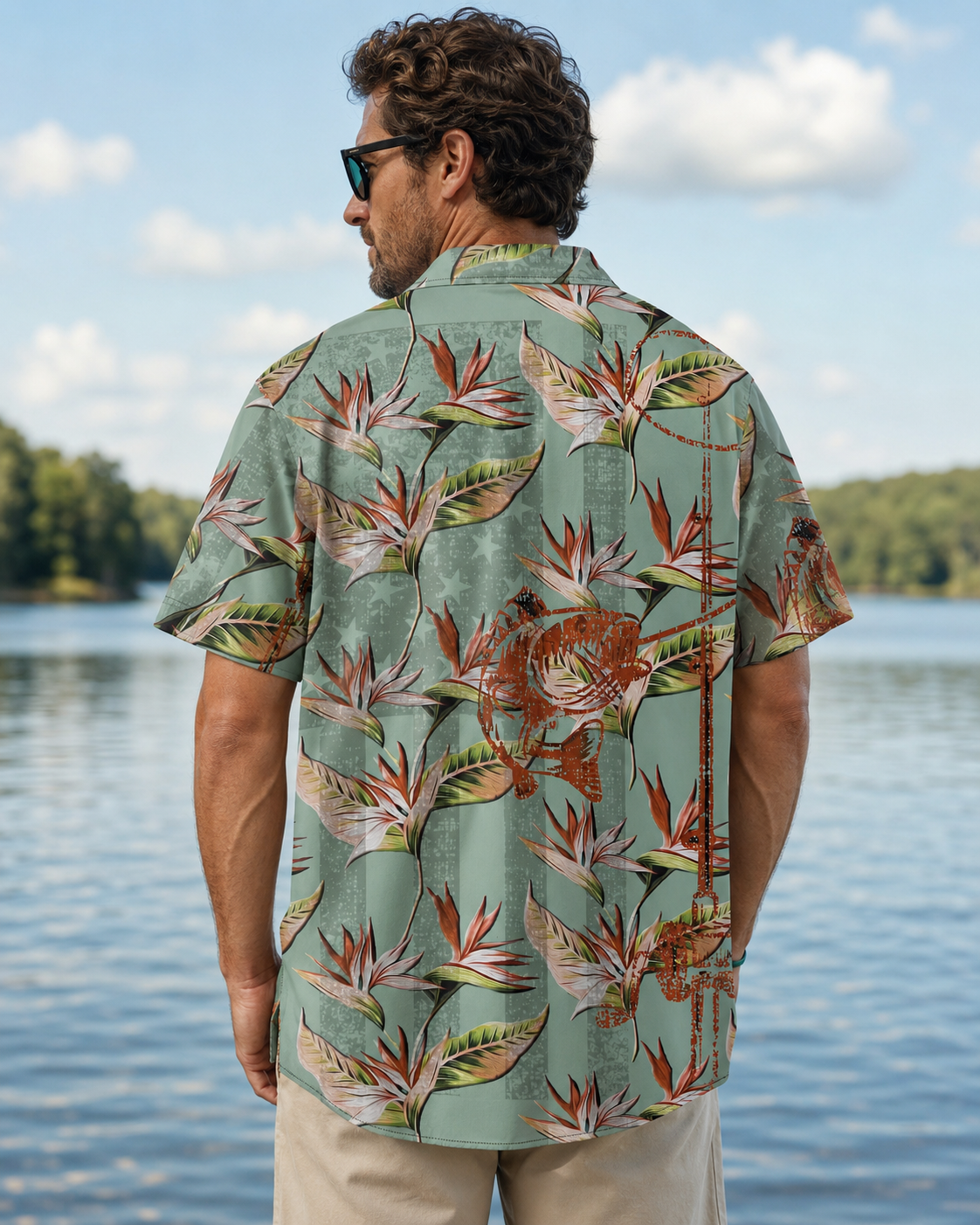 Tropical Flower Fish Skeleton Men's Hawaiian Fishing Shirt
