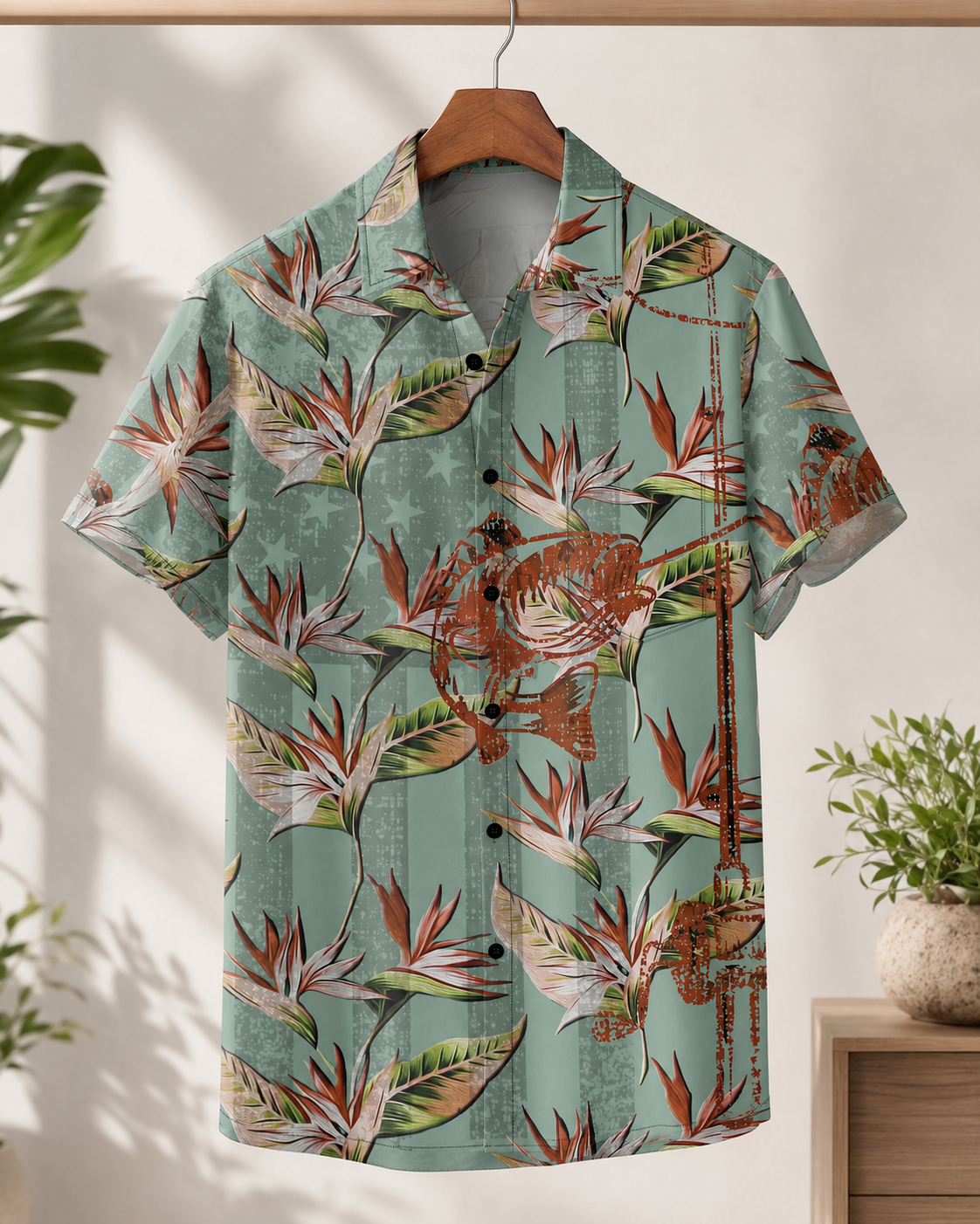 Tropical Flower Fish Skeleton Men's Hawaiian Fishing Shirt