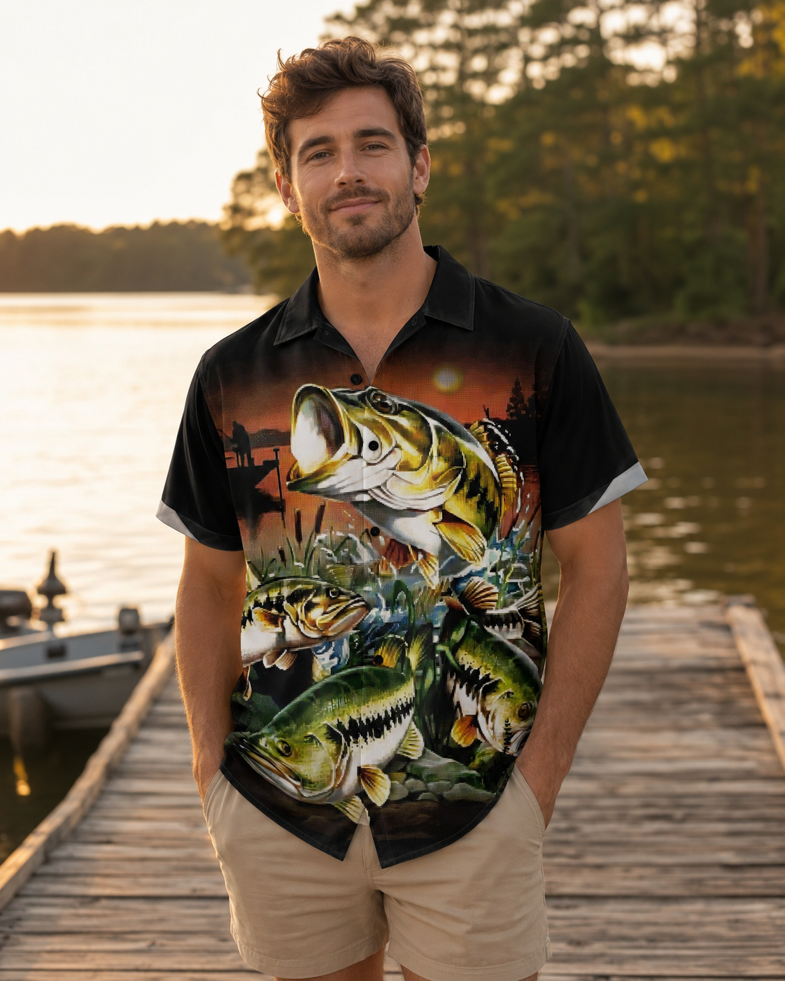 Largemouth Bass Sunset Men's Fishing Hawaiian Shirt