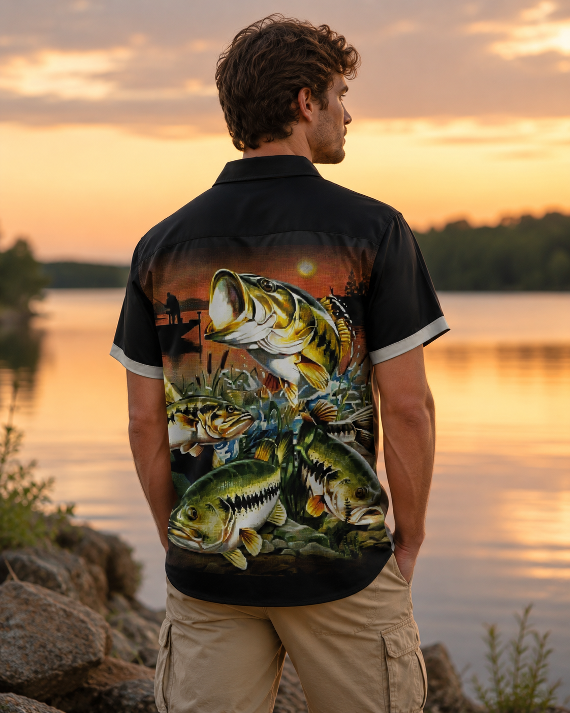 Largemouth Bass Sunset Men's Fishing Hawaiian Shirt