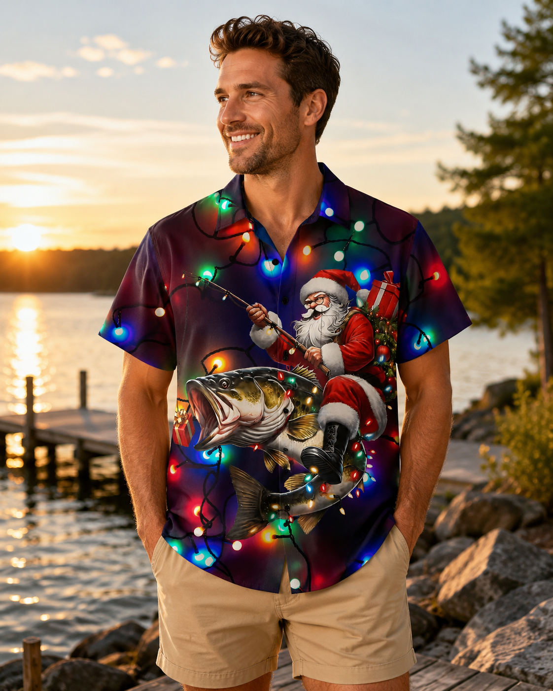 Santa Rides Bass Fish Christmas Lights Men's Hawaii Shirt