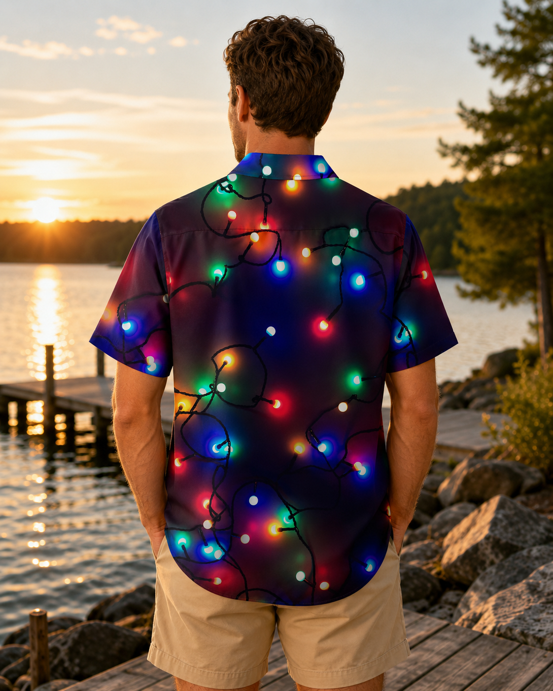 Santa Rides Bass Fish Christmas Lights Men's Hawaii Shirt