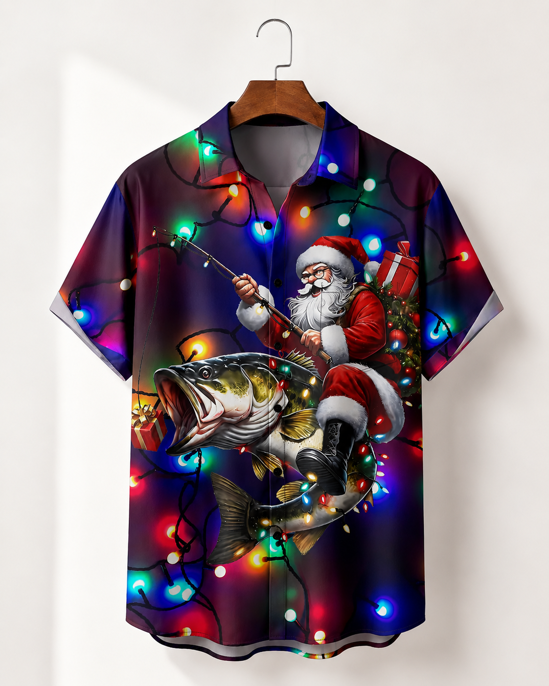 Santa Rides Bass Fish Christmas Lights Men's Hawaii Shirt