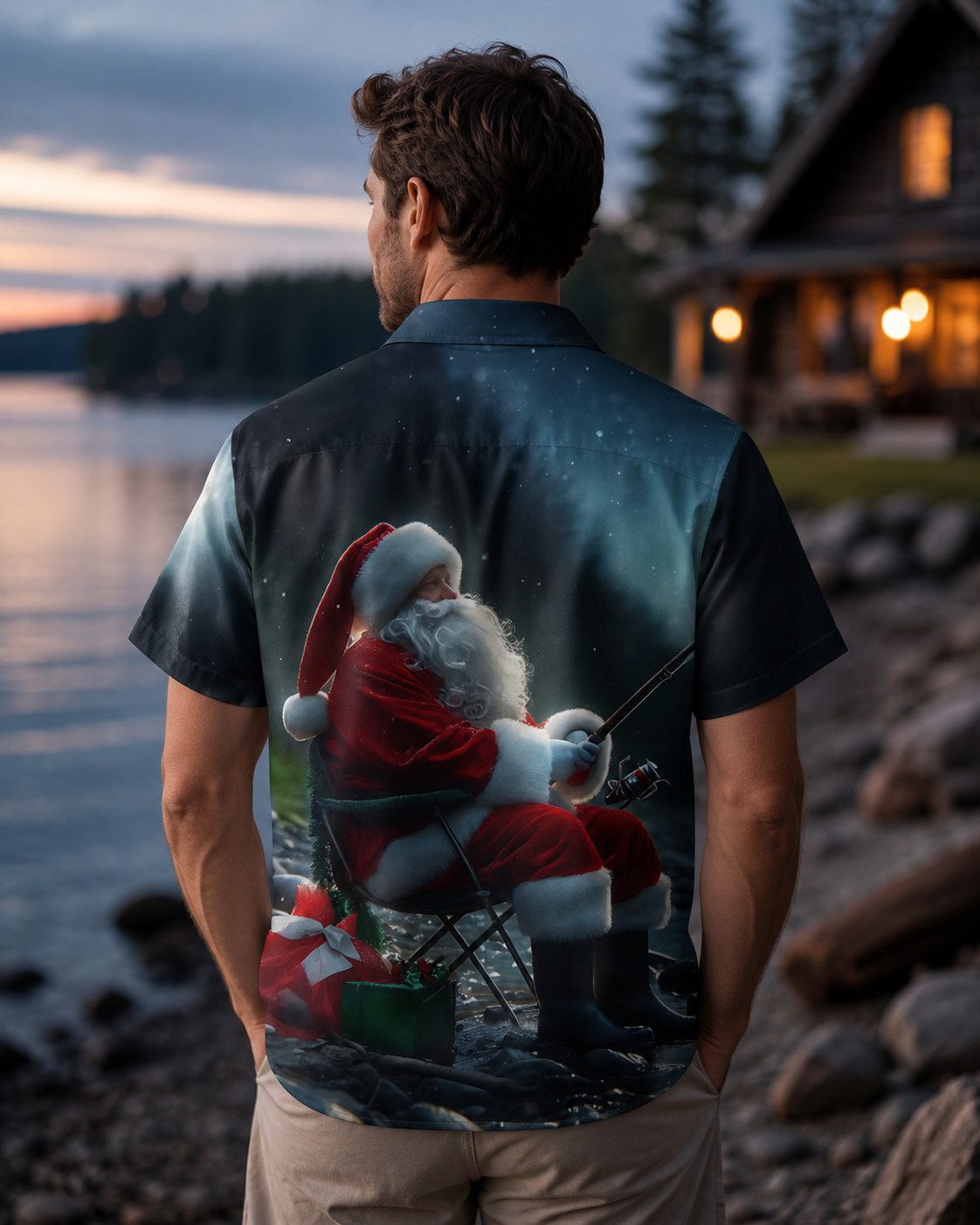 Santa Claus Fishing Night Men's Christmas Hawaiian Shirt