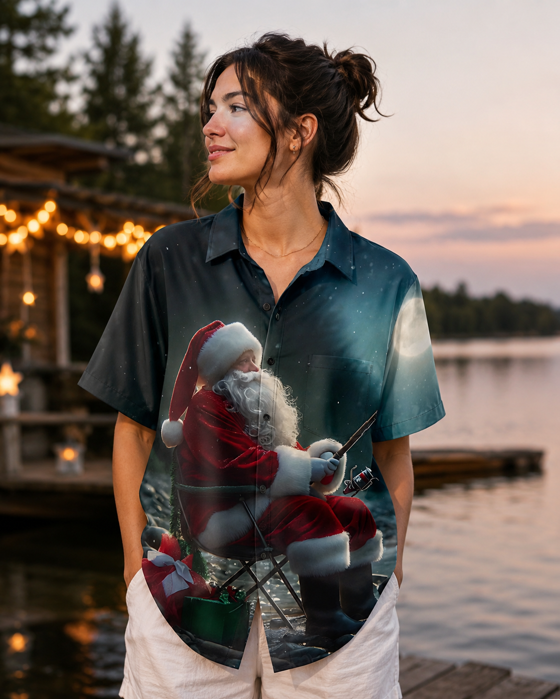 Santa Claus Fishing Night Men's Christmas Hawaiian Shirt