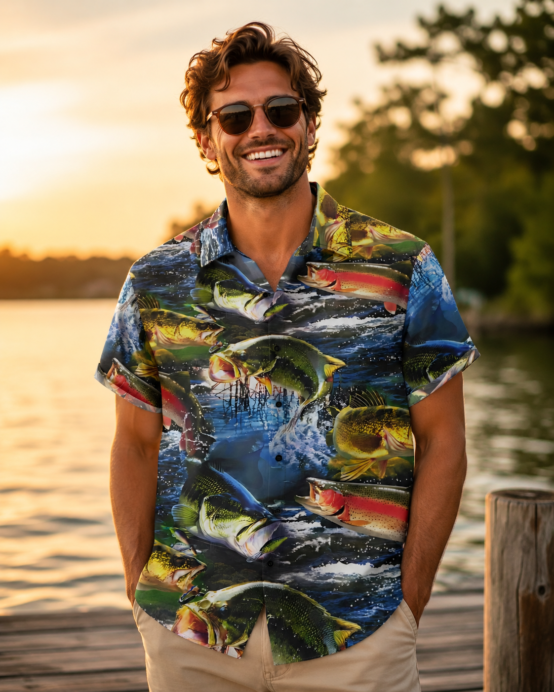Bass & Trout All-Over Print Men's Fishing Hawaiian Shirt