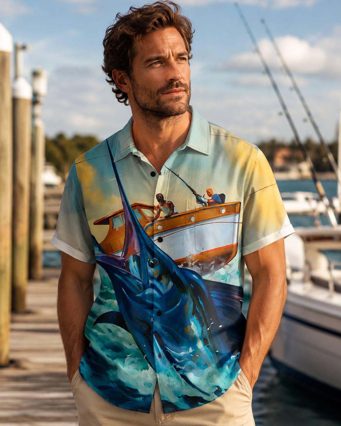 Blue Marlin Jumping Boat Ocean Sport Fishing Camp Shirt