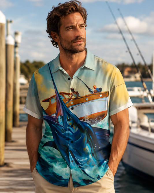 Blue Marlin Jumping Boat Ocean Sport Fishing Camp Shirt