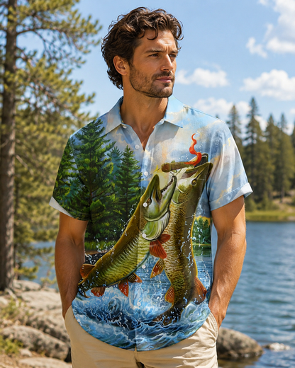 Big Bass Pike Jumping River Pine Tree Fishing Shirt