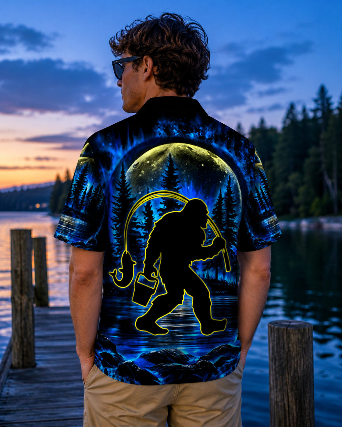 Men's Bigfoot Fishing UFO Moon Shirt | Short Sleeve Shirt