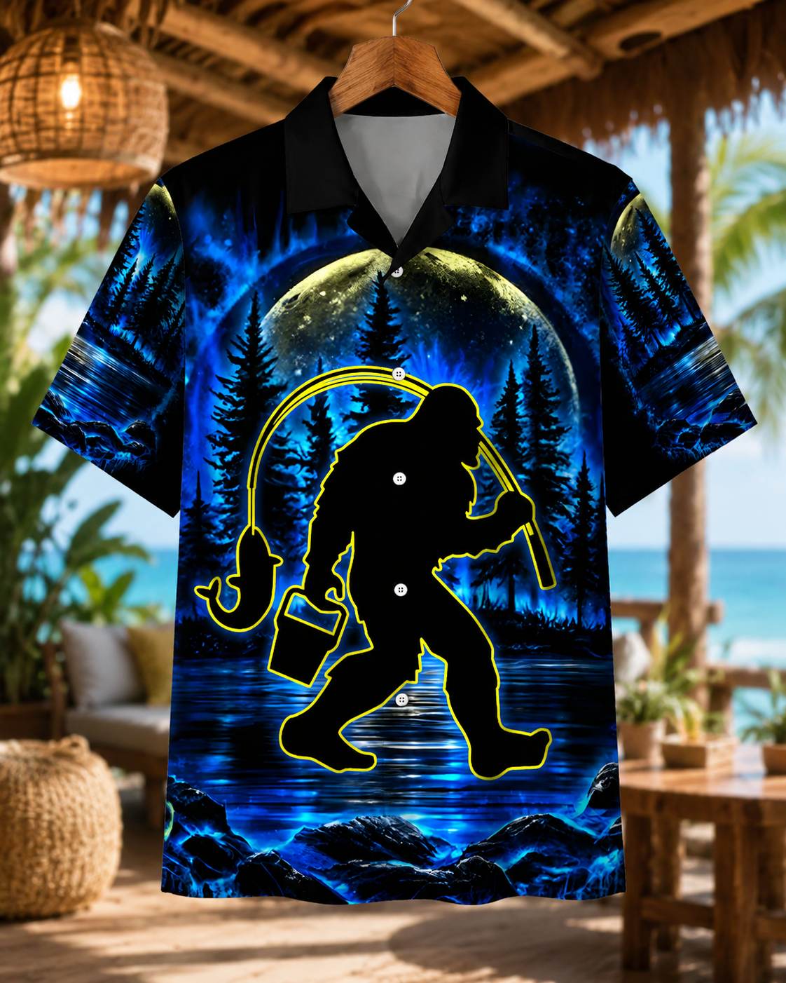 Men's Bigfoot Fishing UFO Moon Shirt | Short Sleeve Shirt
