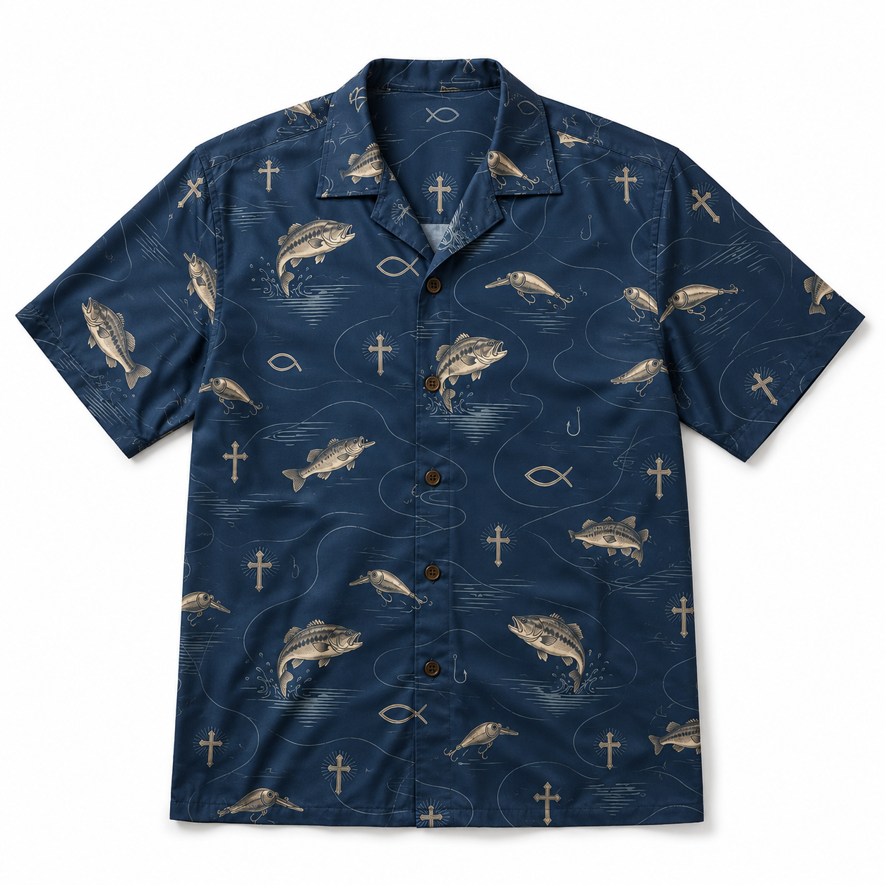 Christian Bass Fishing Hawaiian Shirt with Cross