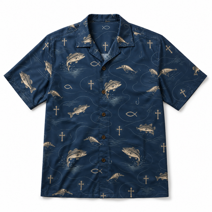 Christian Bass Fishing Hawaiian Shirt with Cross