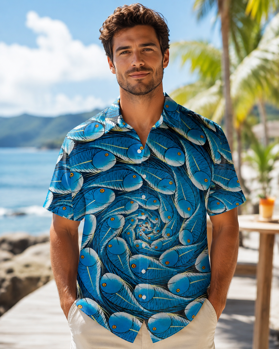 Men's Blue Fish Spiral Optical Illusion Hawaiian Shirt