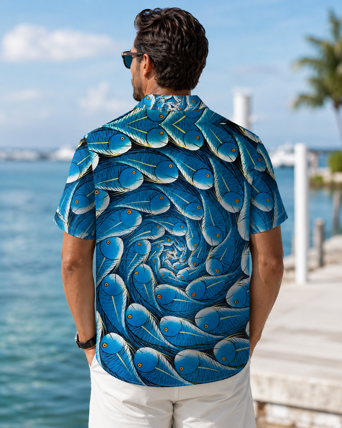 Men's Blue Fish Spiral Optical Illusion Hawaiian Shirt
