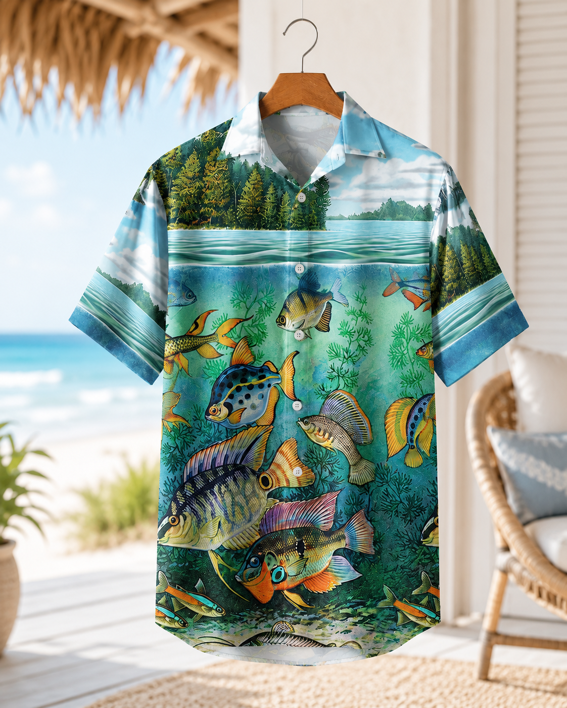 Men's Freshwater Fish Lake Scene Hawaiian Shirt | Short Sleeve