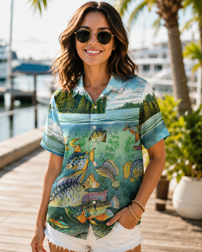Men's Freshwater Fish Lake Scene Hawaiian Shirt | Short Sleeve