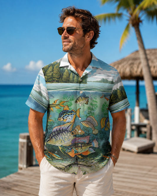 Men's Freshwater Fish Lake Scene Hawaiian Shirt | Short Sleeve
