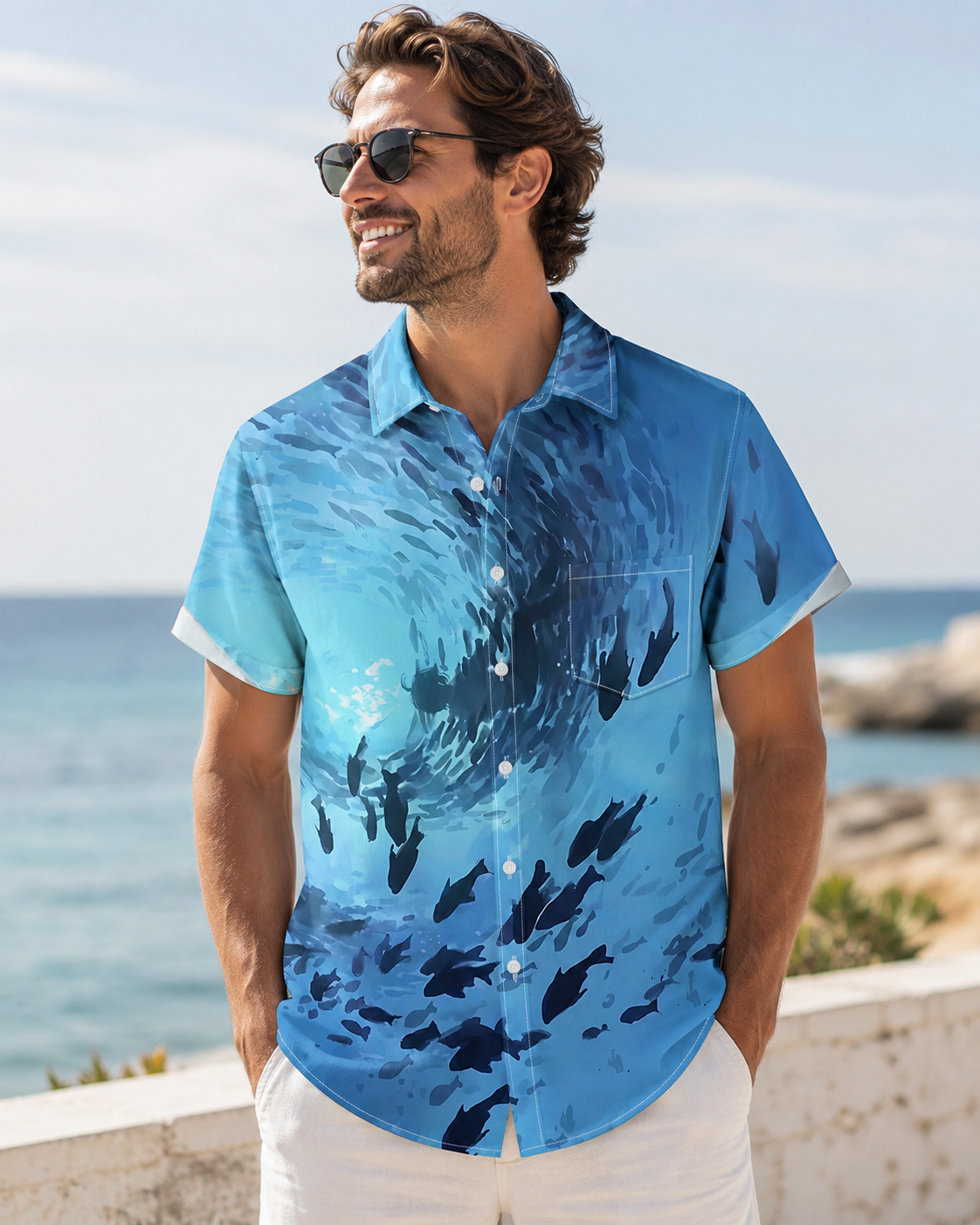 Swirling School of Fish Ocean Blue Men's Hawaiian Shirt
