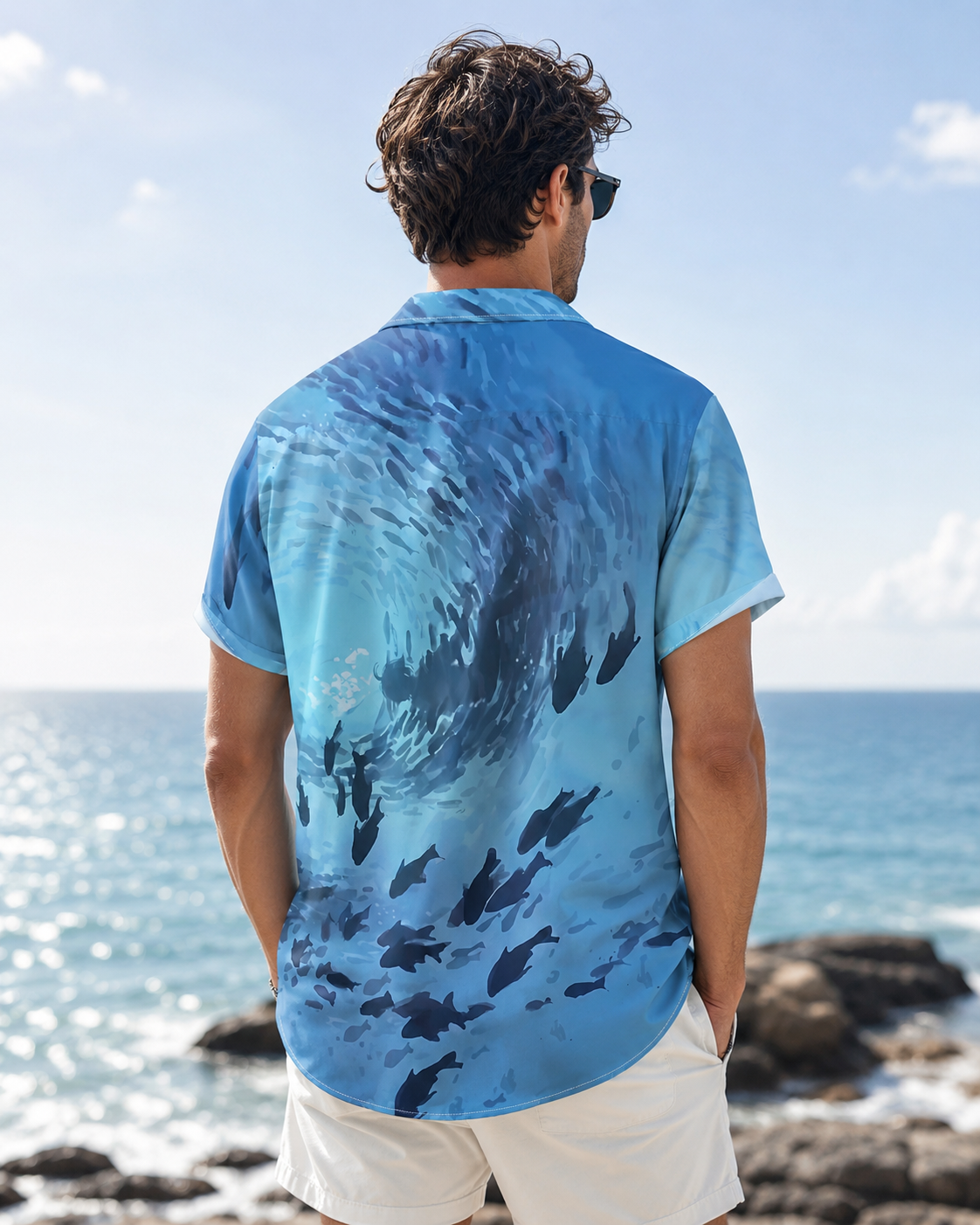 Swirling School of Fish Ocean Blue Men's Hawaiian Shirt