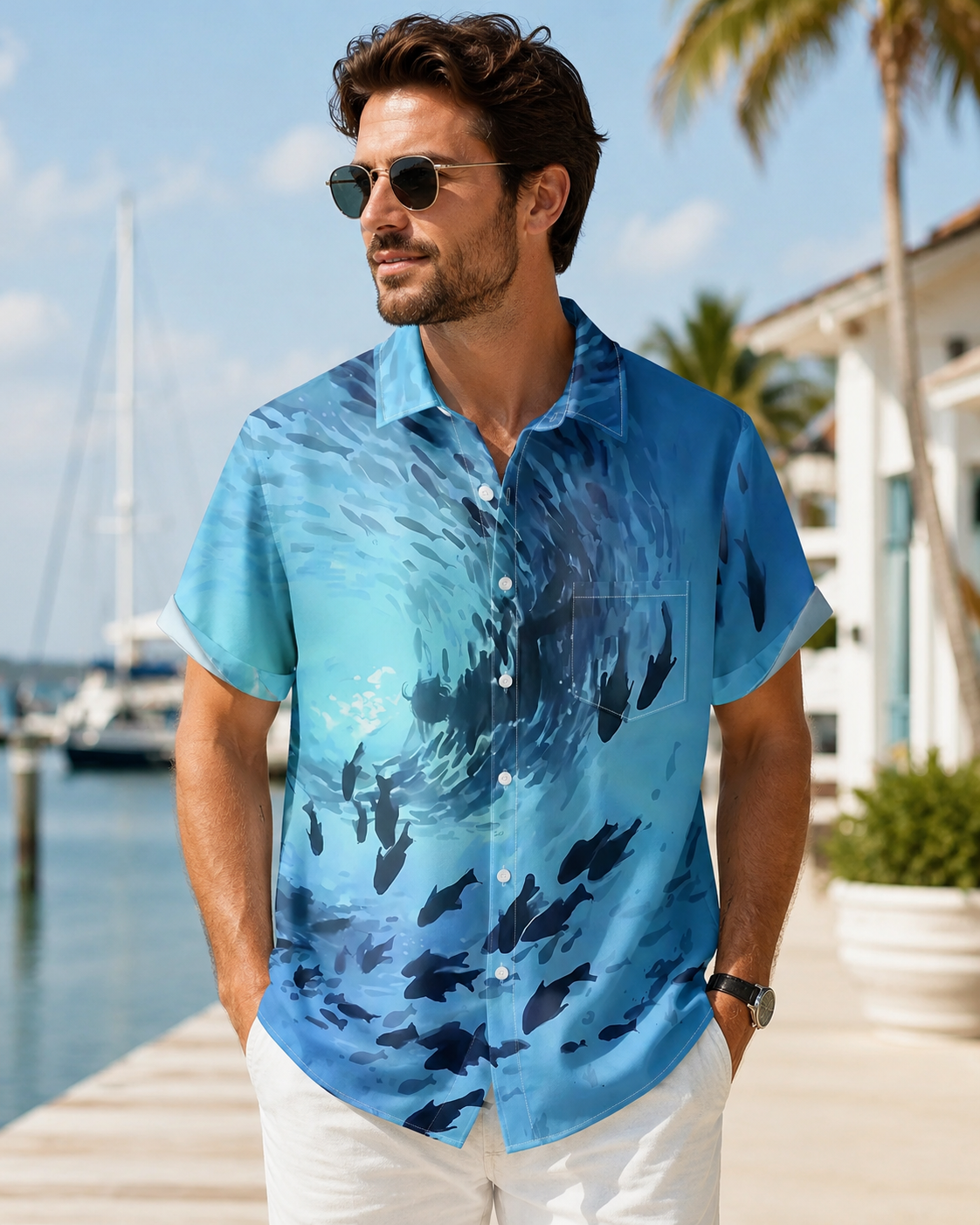 Swirling School of Fish Ocean Blue Men's Hawaiian Shirt