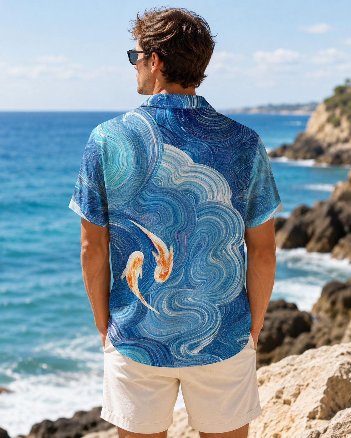 Japanese Koi Swirl Wave Art Men's Hawaiian Button Shirt