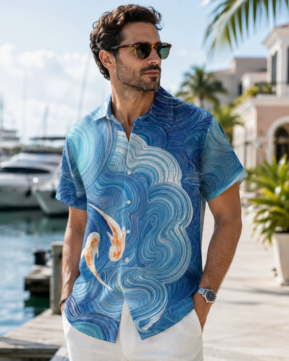 Japanese Koi Swirl Wave Art Men's Hawaiian Button Shirt
