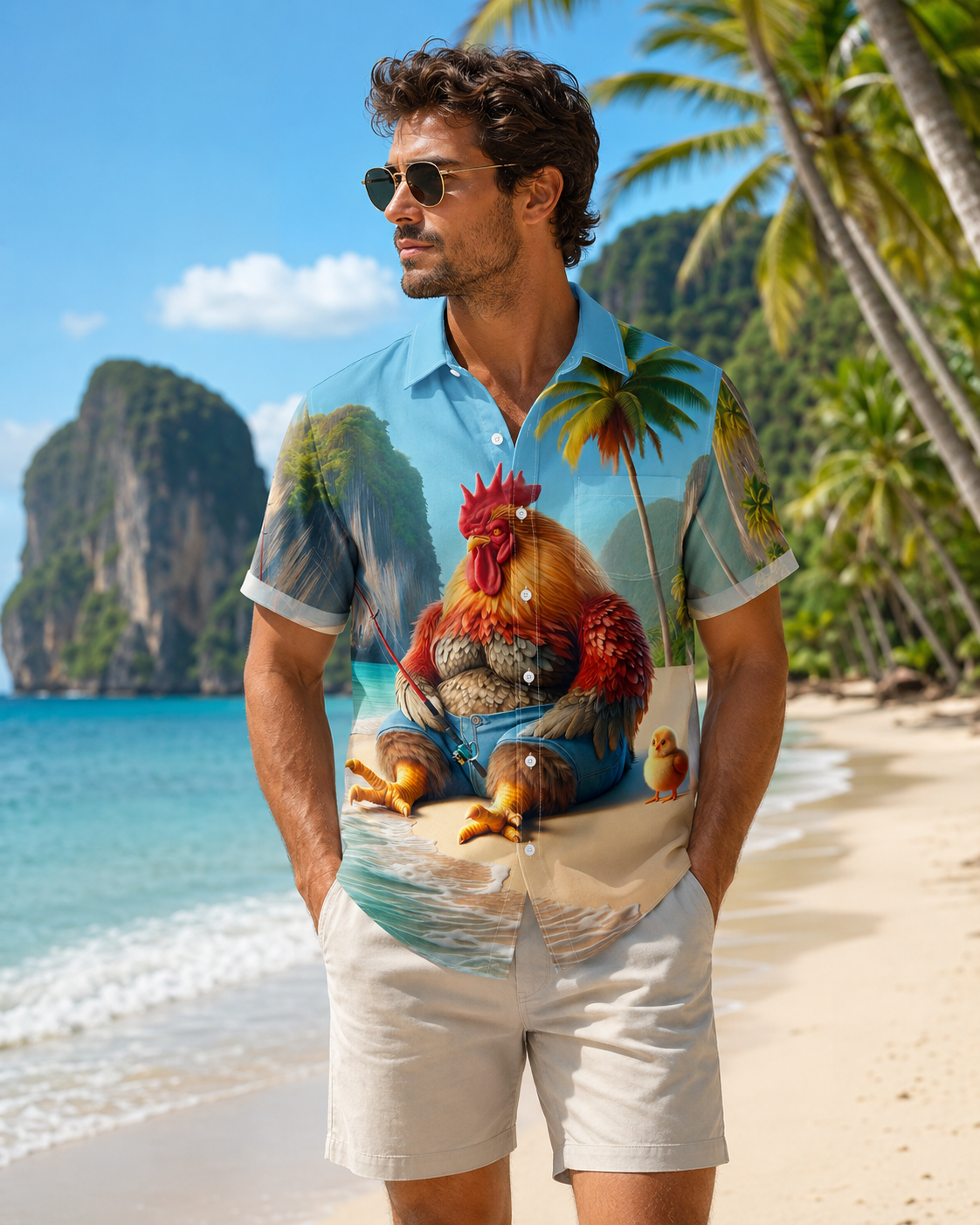 Funny Rooster Fishing Beach Chick Men's Hawaiian Shirt