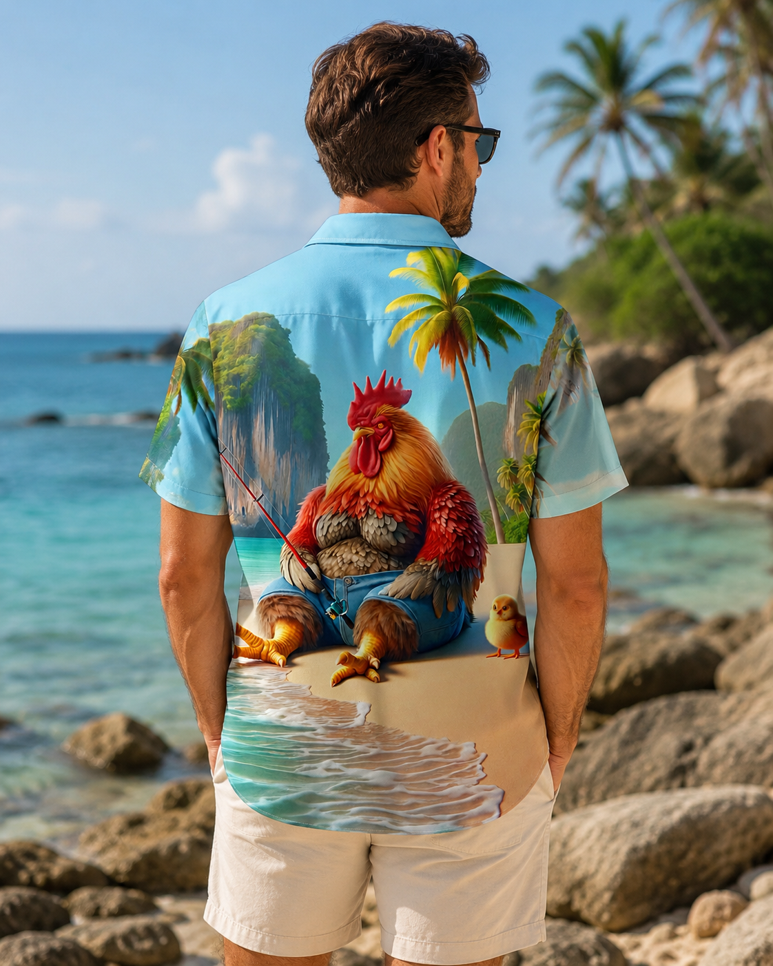 Funny Rooster Fishing Beach Chick Men's Hawaiian Shirt