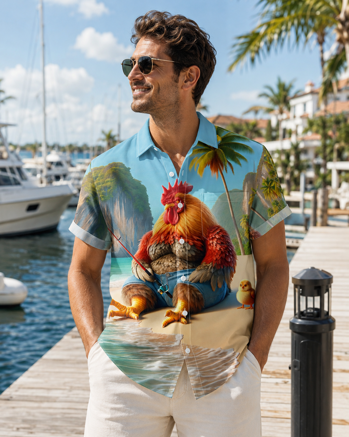 Funny Rooster Fishing Beach Chick Men's Hawaiian Shirt