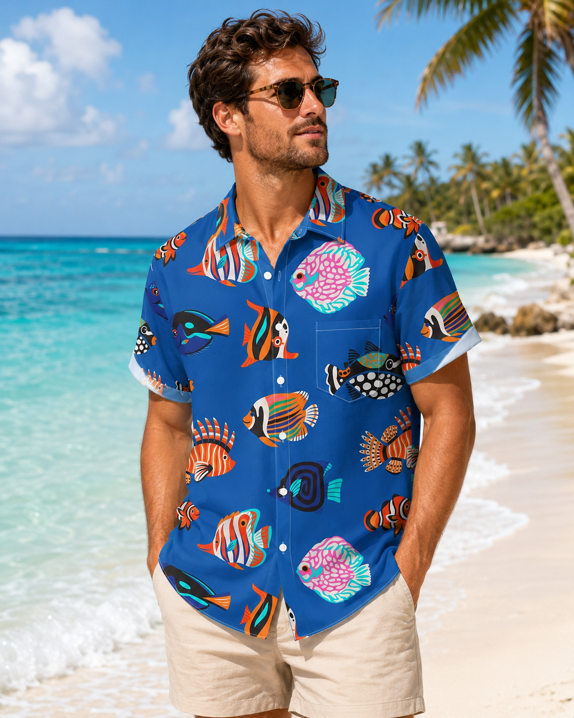 Colorful Cartoon Tropical Fish Blue Men's Hawaiian Shirt