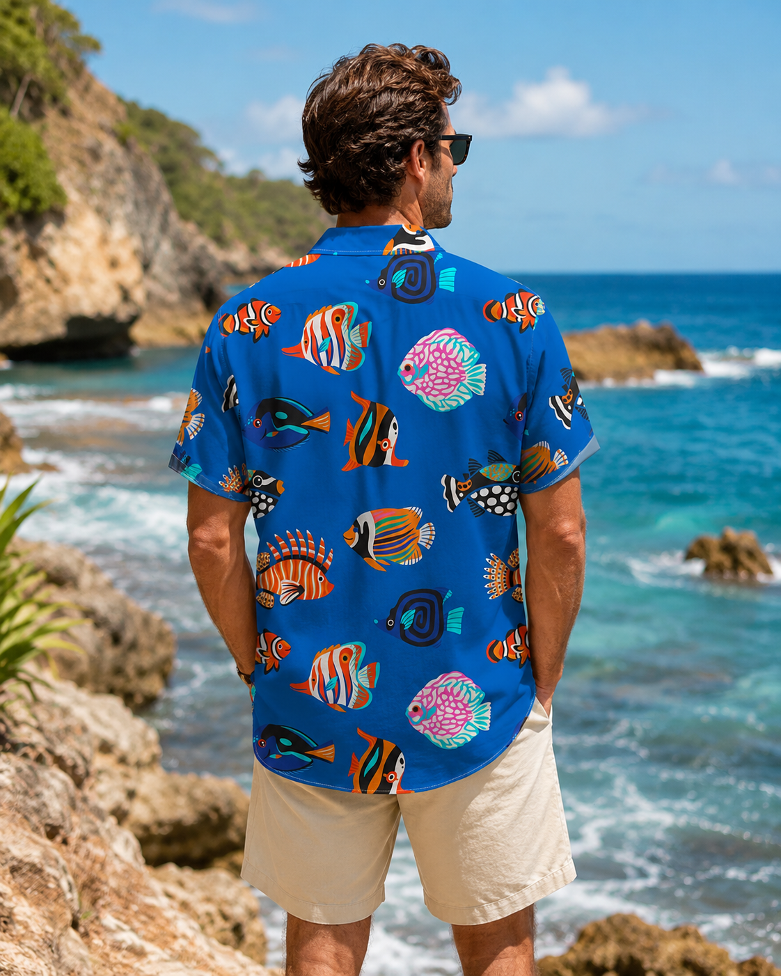 Colorful Cartoon Tropical Fish Blue Men's Hawaiian Shirt