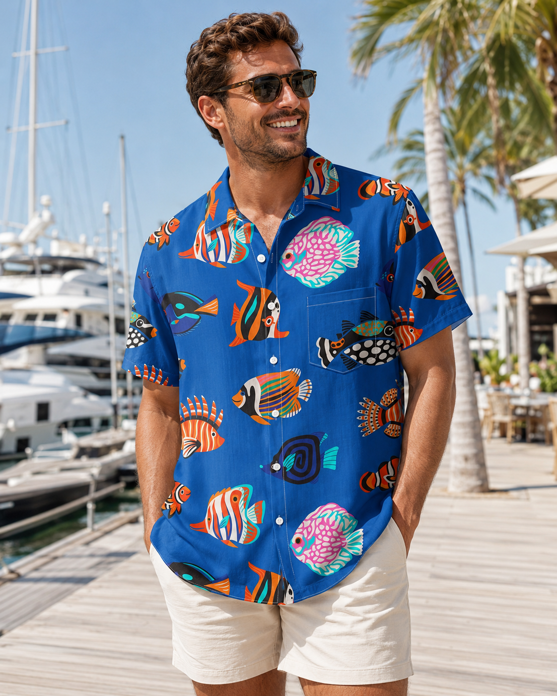 Colorful Cartoon Tropical Fish Blue Men's Hawaiian Shirt