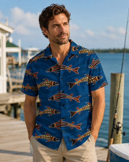 Navy Blue Tribal Indigenous Art Fish Pattern Camp Shirt