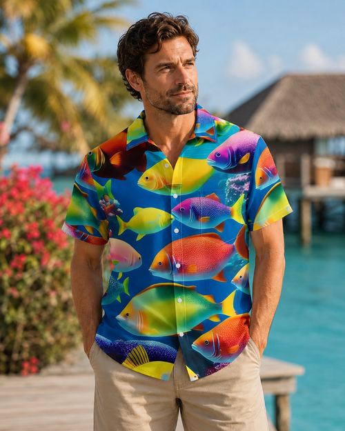 Colorful Tropical Reef Fish Blue Ocean Hawaii Camp Shirt