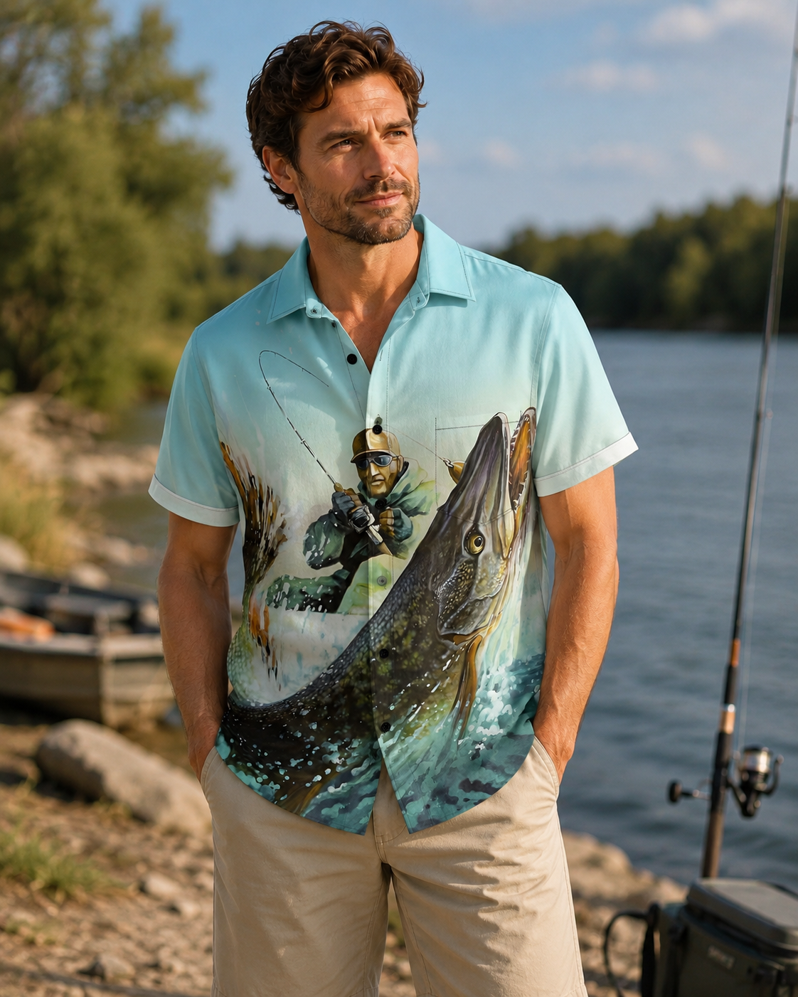 Giant Muskie Angler Man Catching Fish Camp Shirt