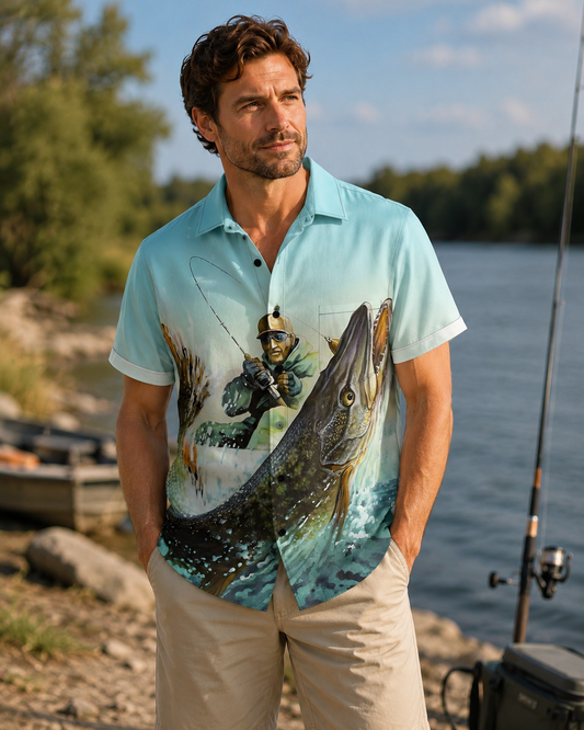 Giant Muskie Angler Man Catching Fish Camp Shirt