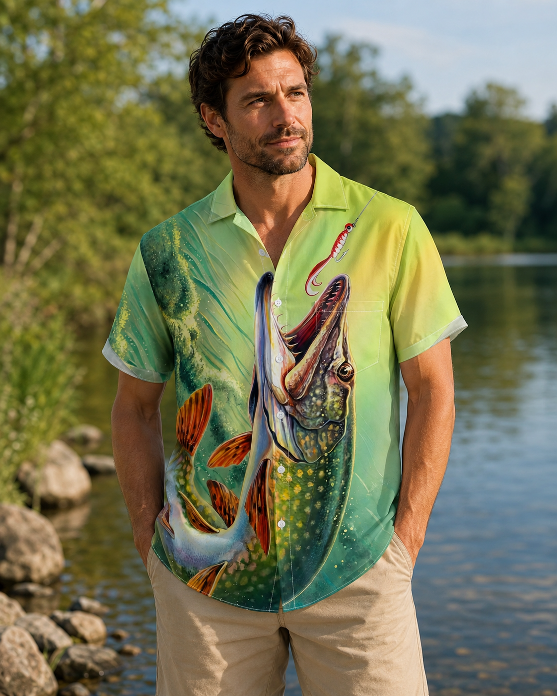 Green Pike Fish Biting Lure Underwater Camp Shirt