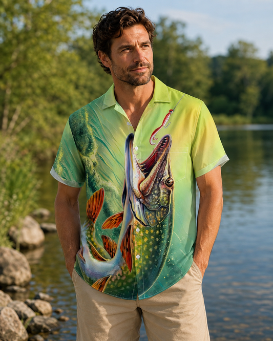 Green Pike Fish Biting Lure Underwater Camp Shirt