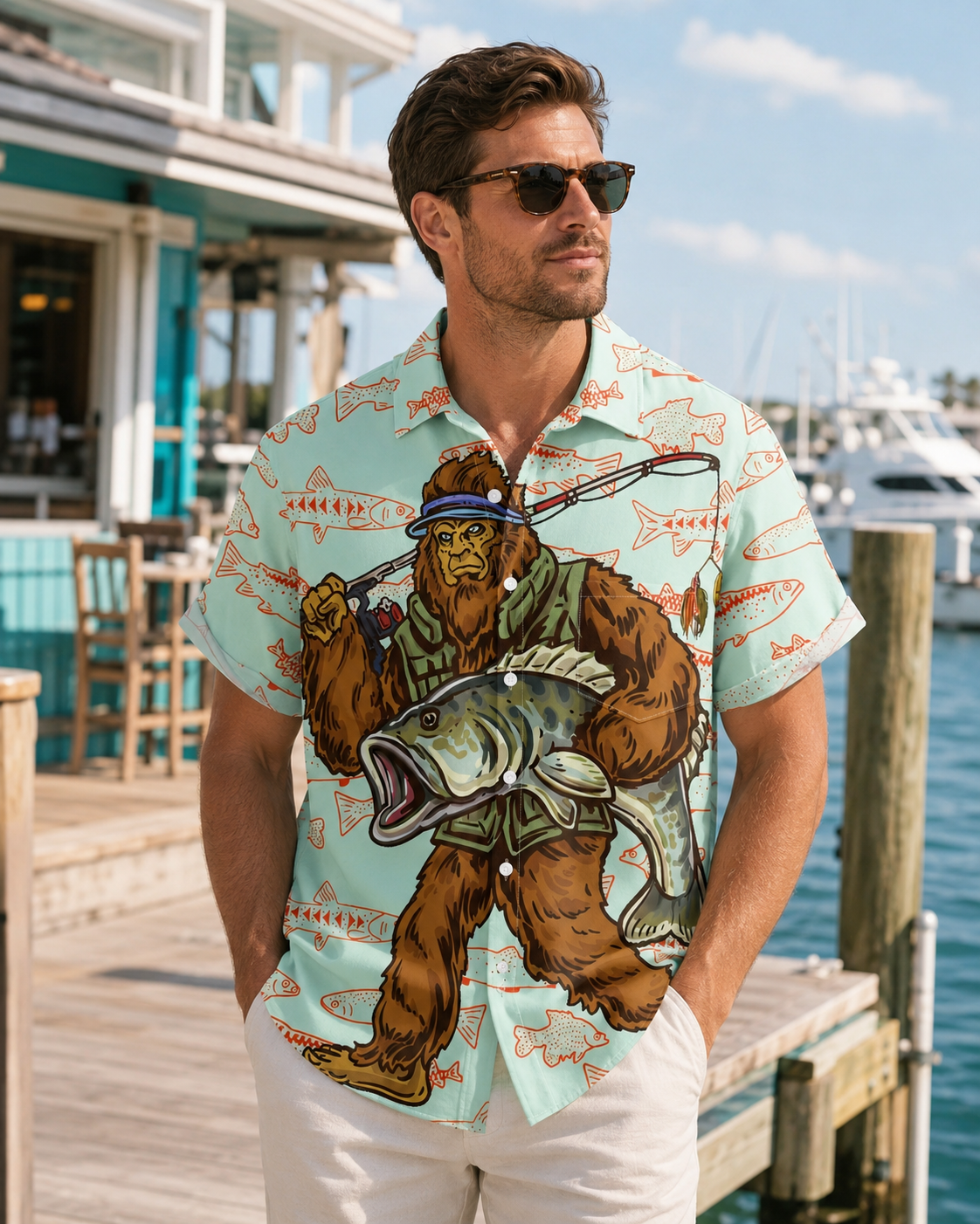 Bigfoot Fisherman Bass Fish Mint Men's Hawaiian Shirt