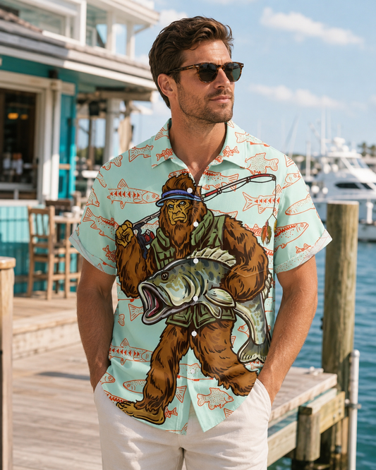 Bigfoot Fisherman Bass Fish Mint Men's Hawaiian Shirt