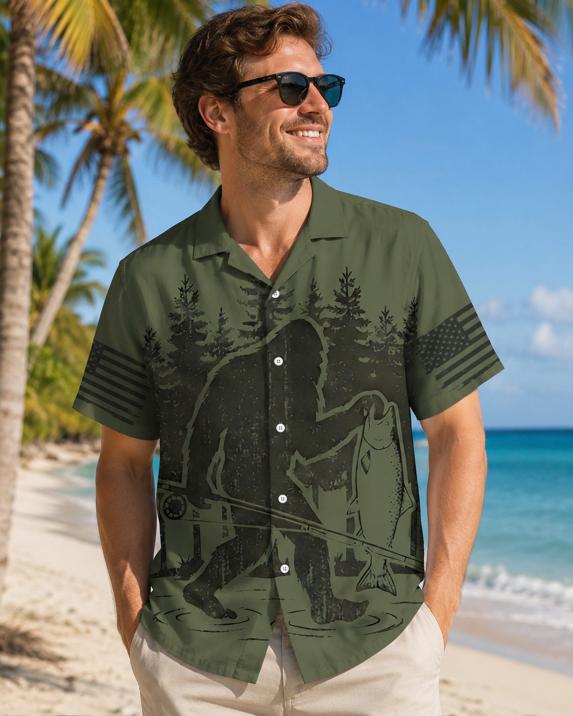 Men's Bigfoot American Flag Fishing Shirt | Short Sleeve Shirt