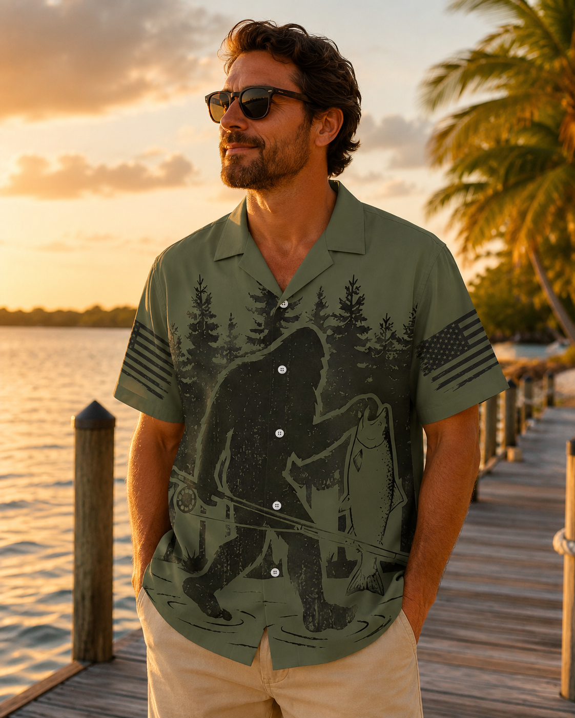 Men's Bigfoot American Flag Fishing Shirt | Short Sleeve Shirt