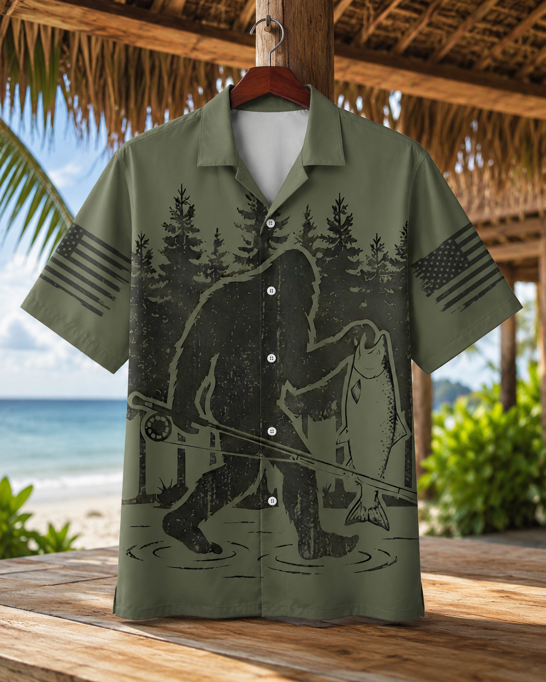 Men's Bigfoot American Flag Fishing Shirt | Short Sleeve Shirt