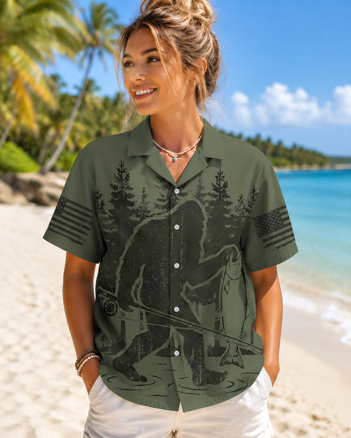 Men's Bigfoot American Flag Fishing Shirt | Short Sleeve Shirt