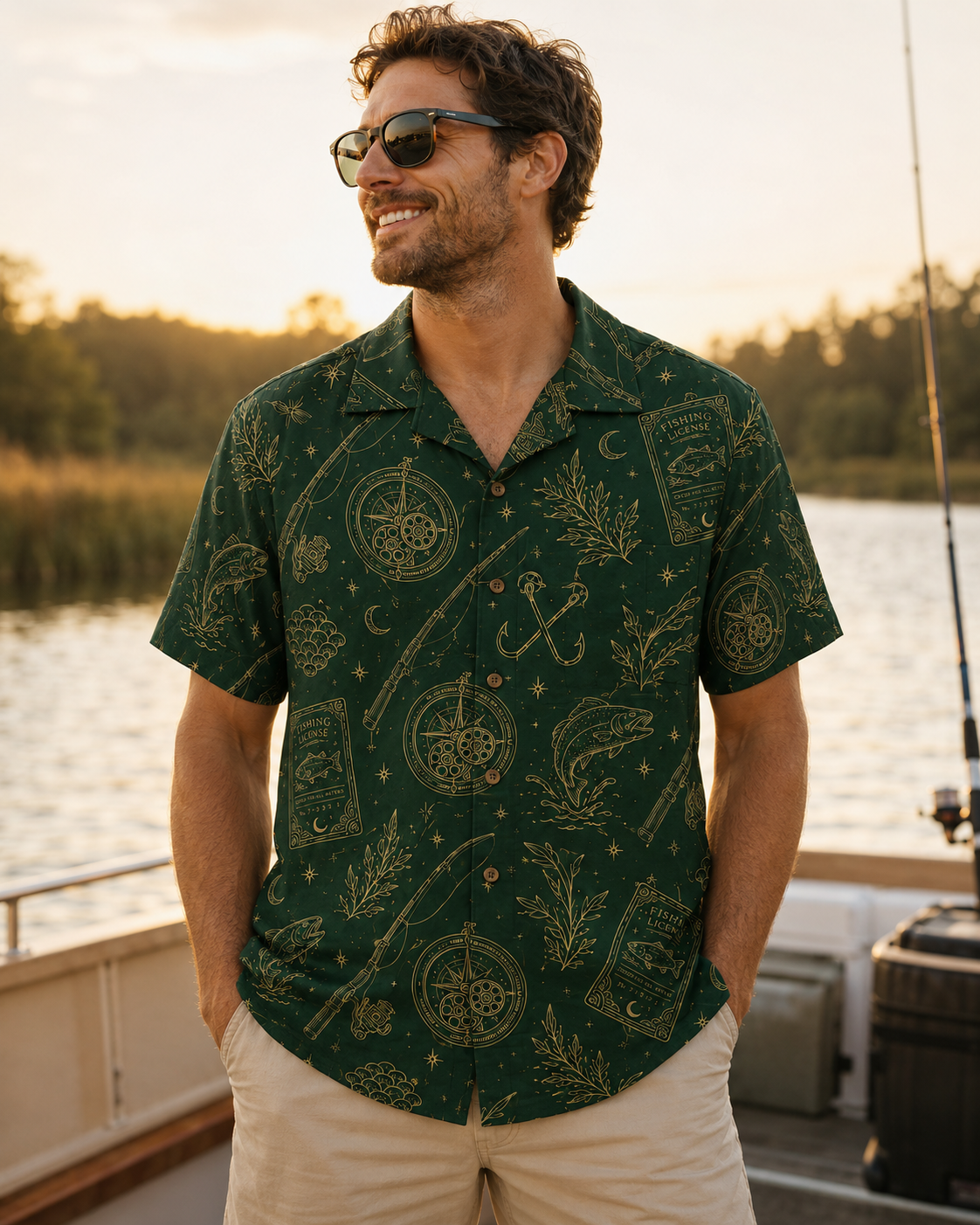 Dark Green Gold Line Art Fishing License Compass Shirt