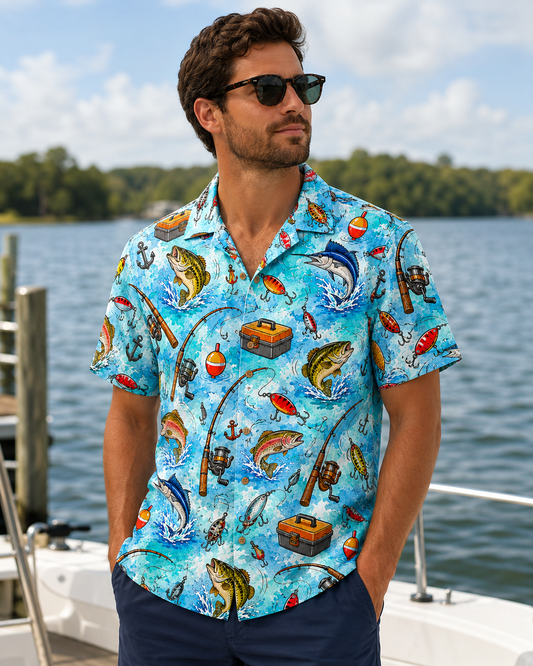 Blue Watercolor Bass Marlin Lure Tackle Fishing Shirt